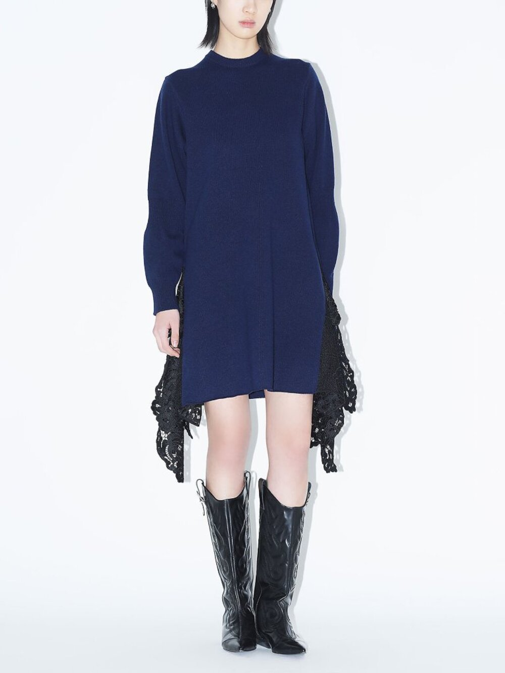 TOGA PULLA Archives Navy Blue Wool Flared Lace Hem Knit Mini Sweater Dress 36 S
